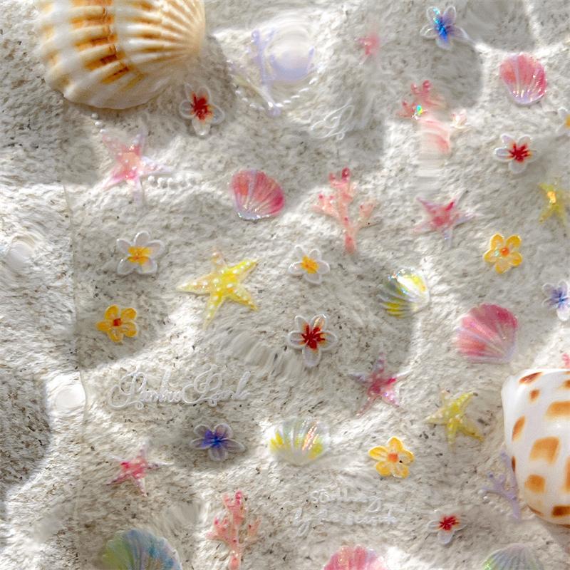 Ocean Theme 5D Nail Sticker Summer Beach Seashells Starfish Conch Scallop Shell Coral Self Adhesive Decoration Manicure Decal