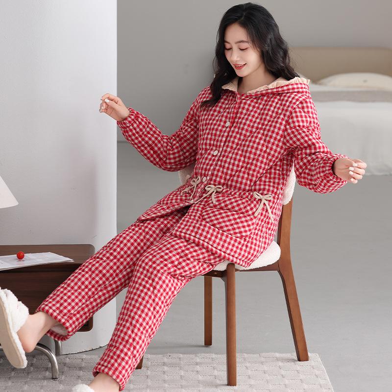 Pajamas Women'S Winter Three-Layer Thickened Velvet Woven Pure Cotton Padded Cotton Hooded Warm Can Be Worn Outside Loungewear Set
