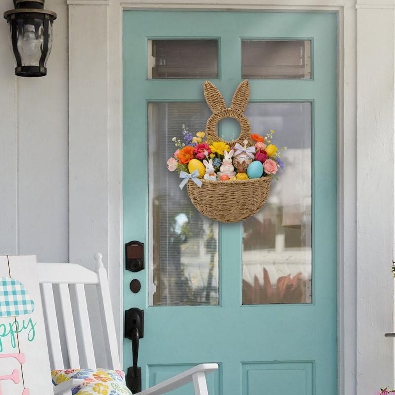 Rabbit Shape Basket Woven Plastic Easter Basket Wall Hanging Ornament For Holiday Decoration Indoor and Outdoor Display