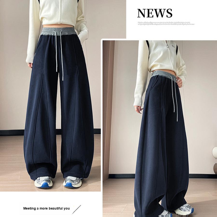 Autumn Winter New Style Fleece Thick High Waist Knife Leg Pants Women Wide Leg Casual Pants