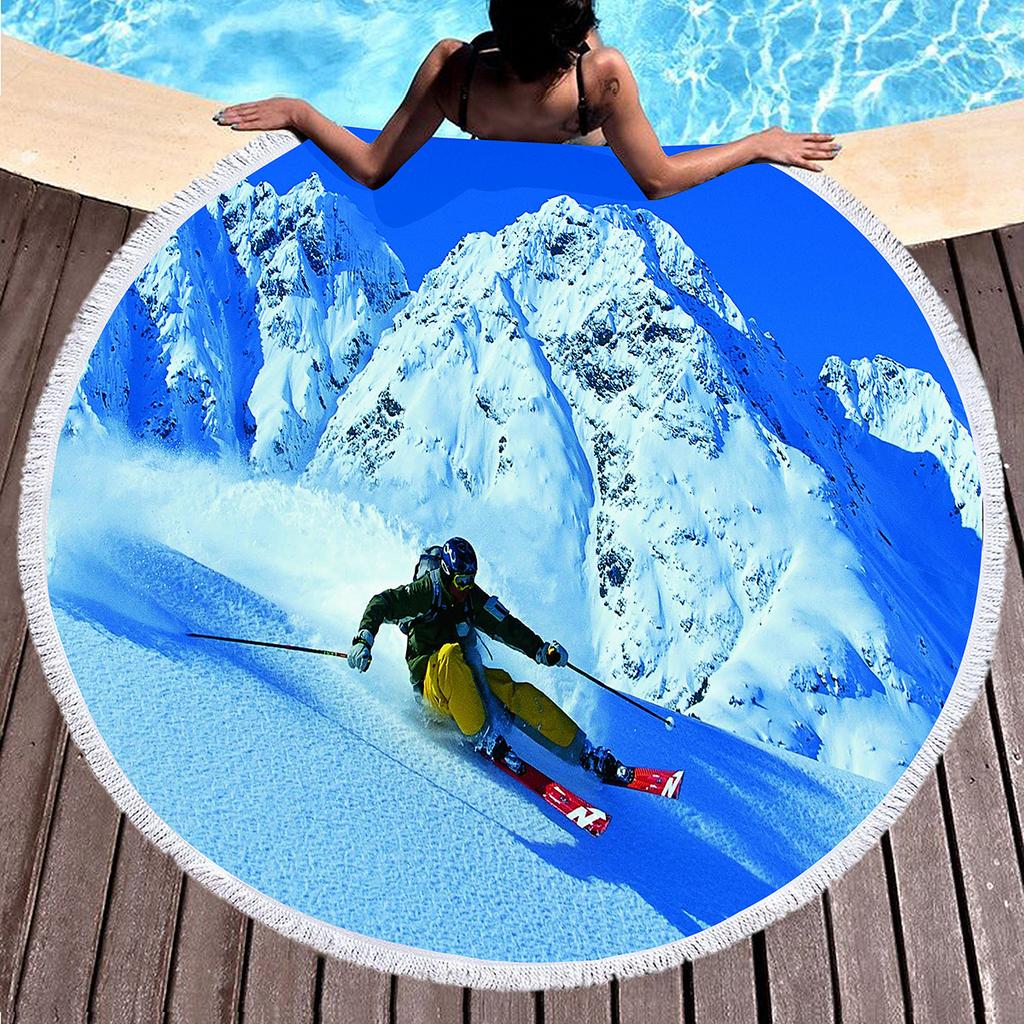 Ski Round Beach Towel, Extreme Sports Theme Beach Blanket Comfortable Absorbent Quick Dry Snow Mountain Print Towel Picnic Mat