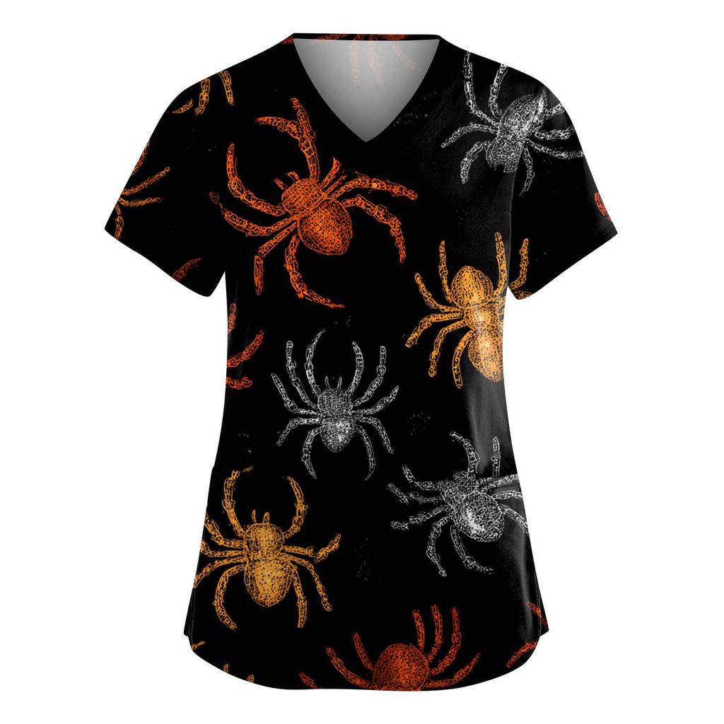 Women's Fashion V-Neck Short Sleeve Overalls With Pockets Halloween Printed Tops  Apparel