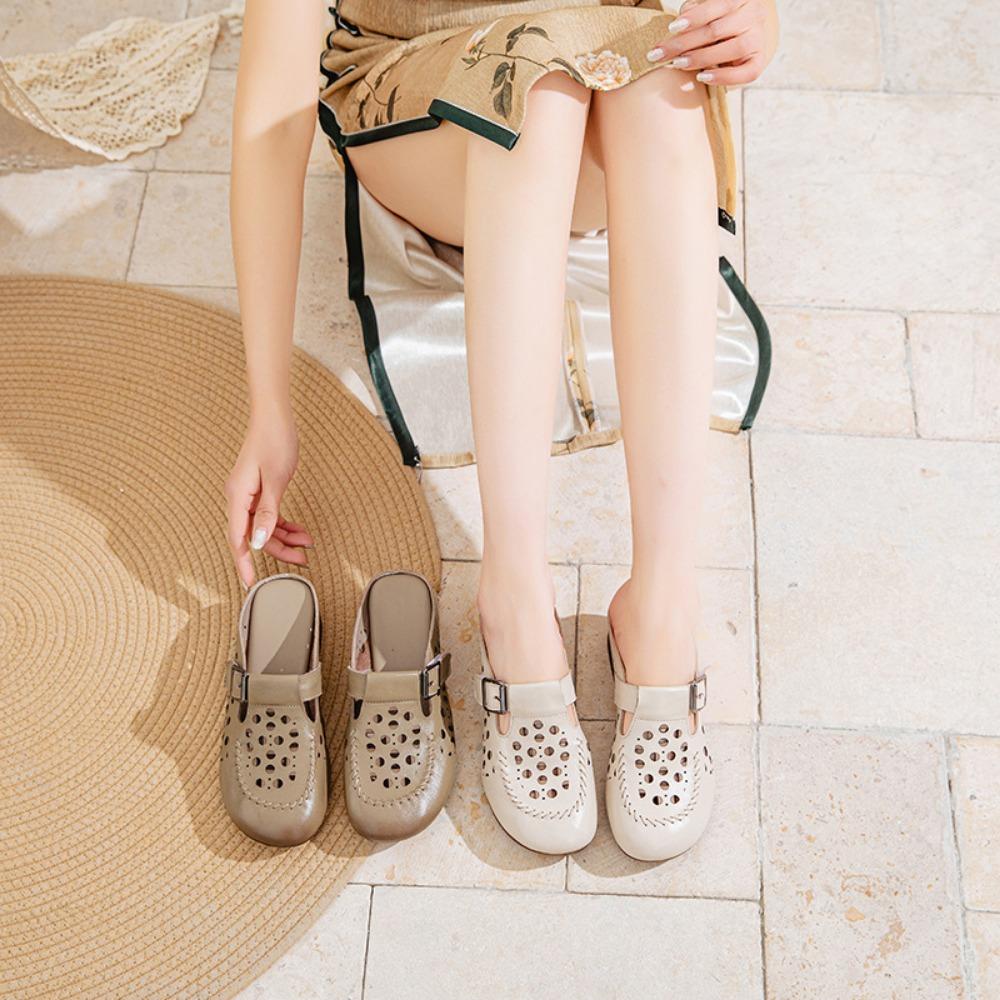 Mode Baotou Hausschuhe Damen Sommer Neu Grober Absatz Hausschuhe Damen Atmungsaktiv Ausgehöhlt Mittelalte Ältere Frauen Outdoor Hausschuhe