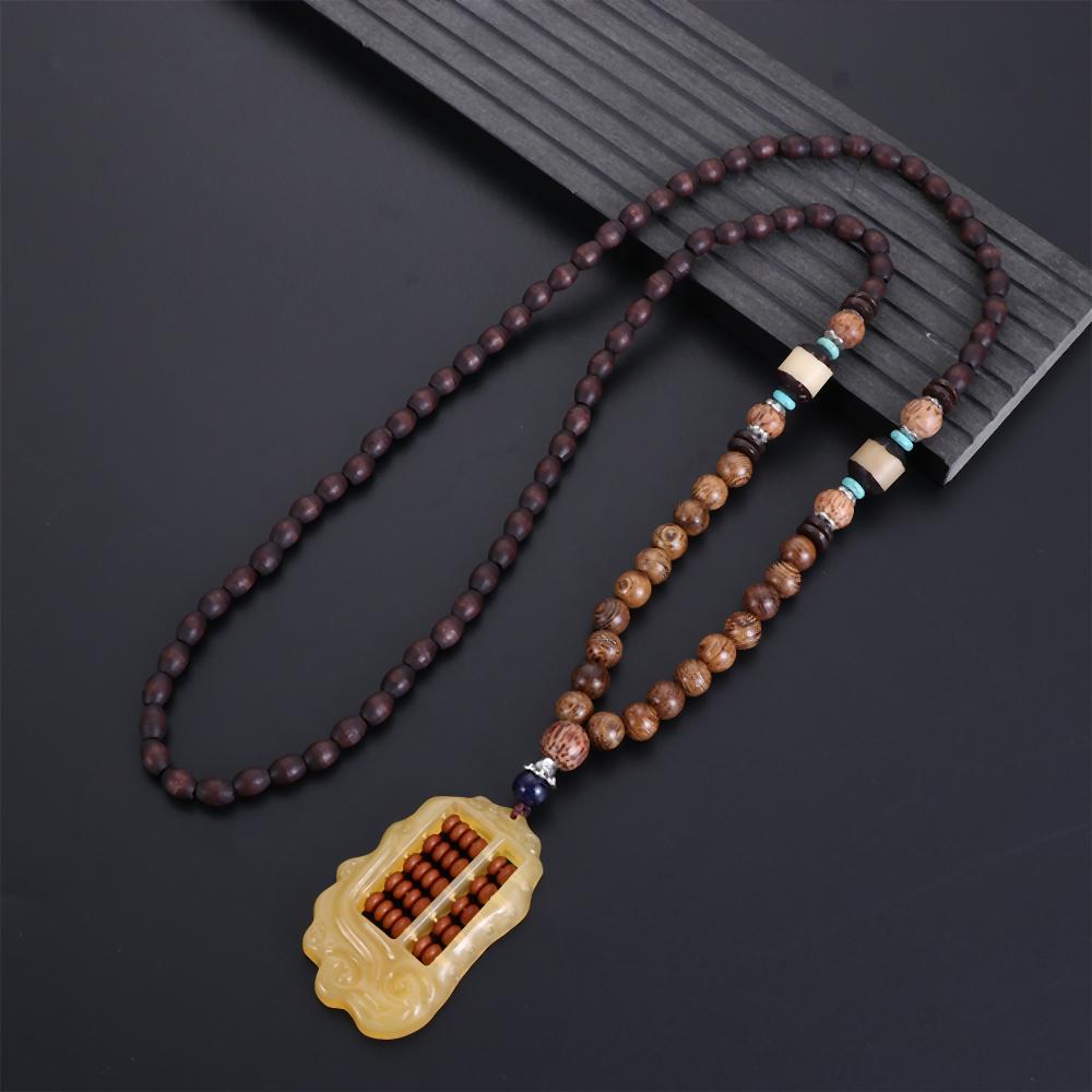 Handmade Ethnic Jewelry Lucky Gift Horn Fish Pendant Buddhist Mala Wood Bead Nepal Necklace