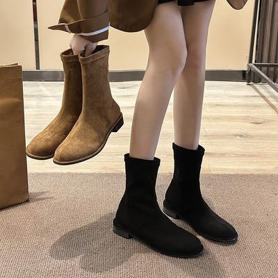 Winter Boots Autumn and Winter Black Stretch Fashion Elegant Boots Low Heel Flat Short Boots Women Suede Comfortable Retro Women's Shoes