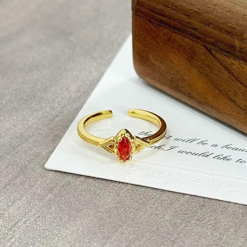 Medieval Vintage Orange Red Zircon Inlaid Simple Open Ring Female Retro Flower Temperament Niche Index Finger Ring