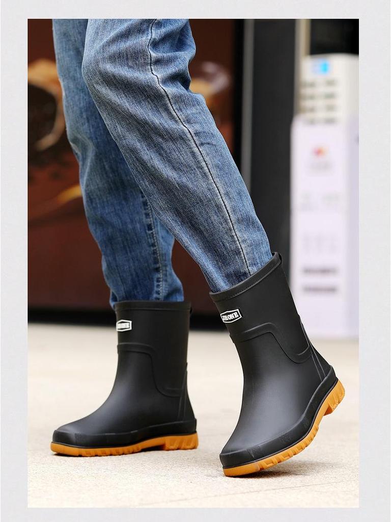 Men's British Style Waterproof Mid-Calf Rubber Rain Boots with Elastic Cuff - Non-Slip Winter Outdoor Fashion