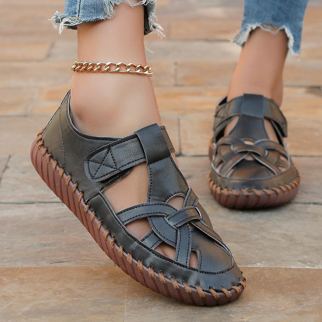 Fashion Women Sandals 2024 Summer Shoes Leather Covered Toe Soft Casual Walking Openwork Big Size Platform Sandals