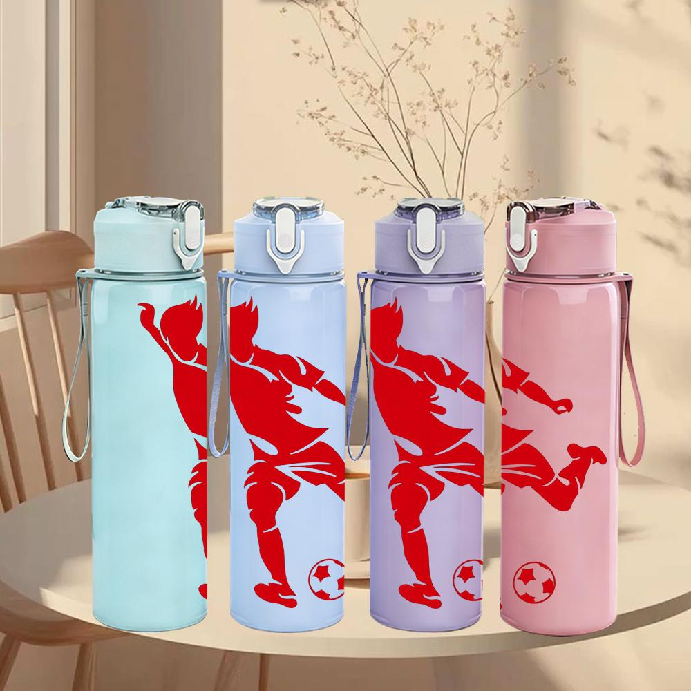 1PC Dynamic Soccer Player Silhouette 750ml Color Plastic Water Bottle Leakproof Flip Straw Lid For Sports Office Home Use