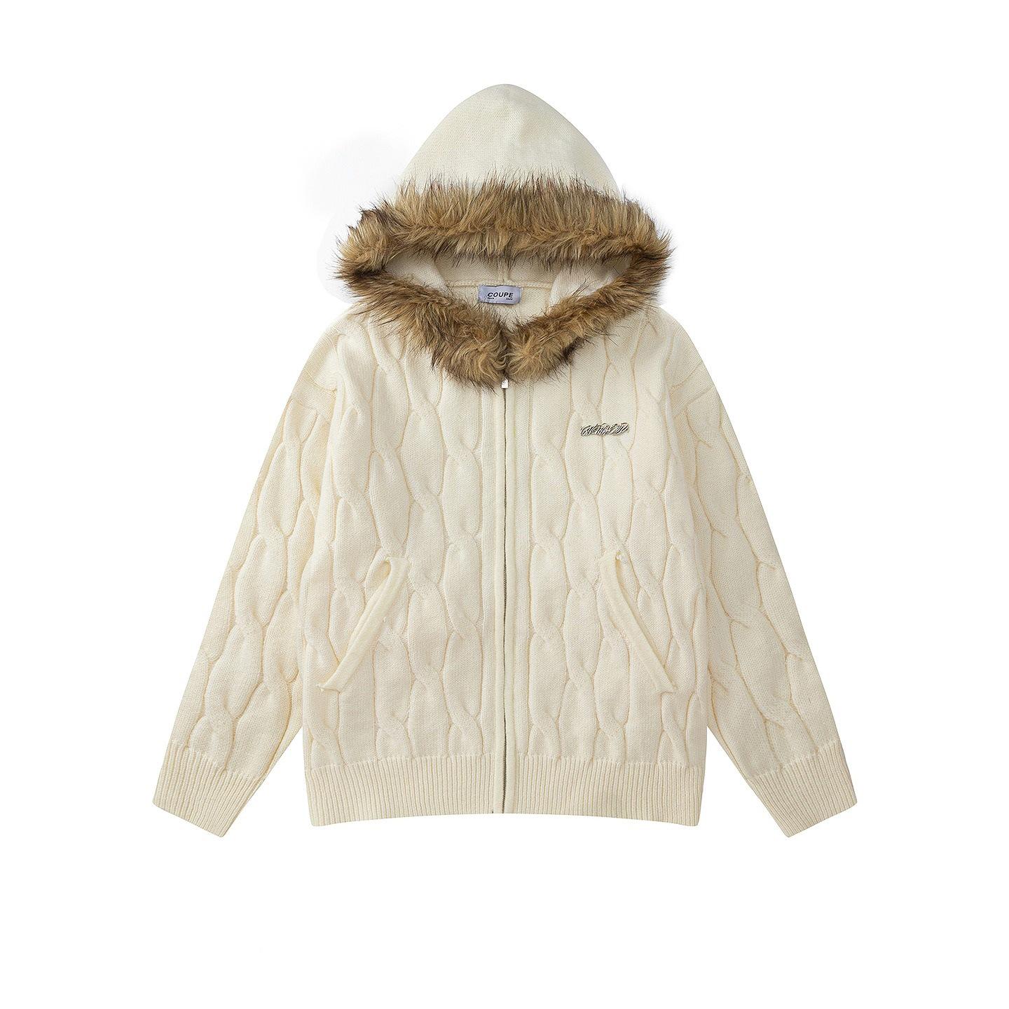Unisex Retro Flower Faux Fur Collar Hooded Cardigan – Trendy Autumn/Winter Knitwear for Couples. Large