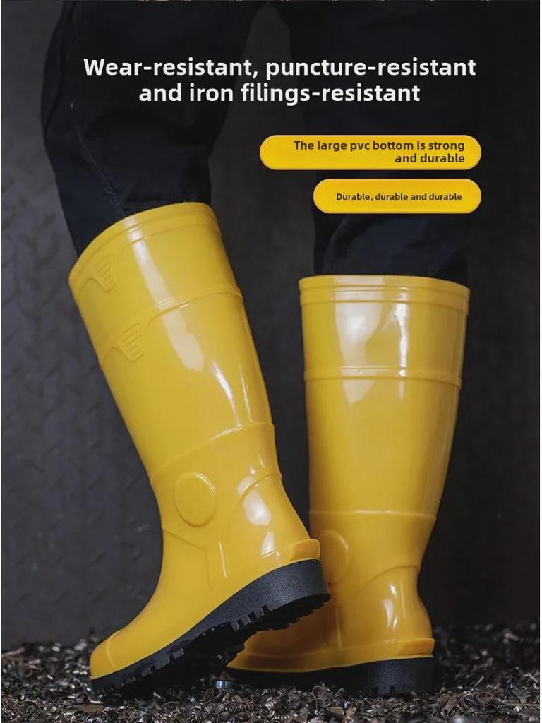 Men's Yellow Rain Boots: Mid To High Tube, Steel Toe, Anti-Smash, Anti-Puncture, Acid and Oil Resistant.