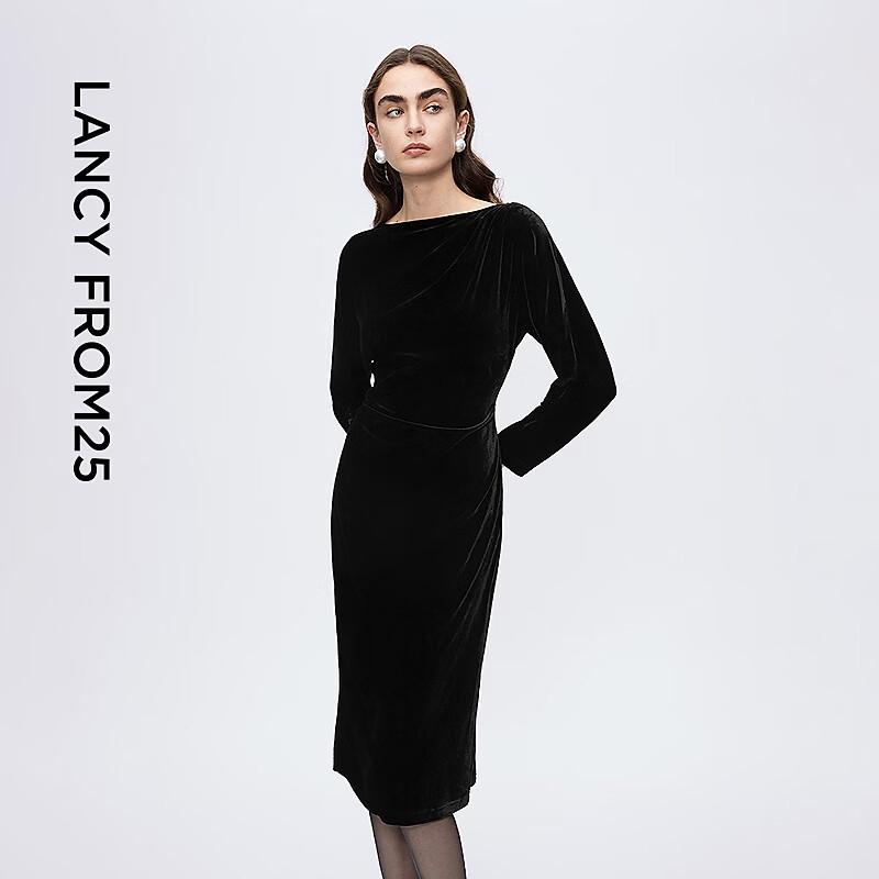 LANCY Velvet Boat Neck Ruched Midi Dress