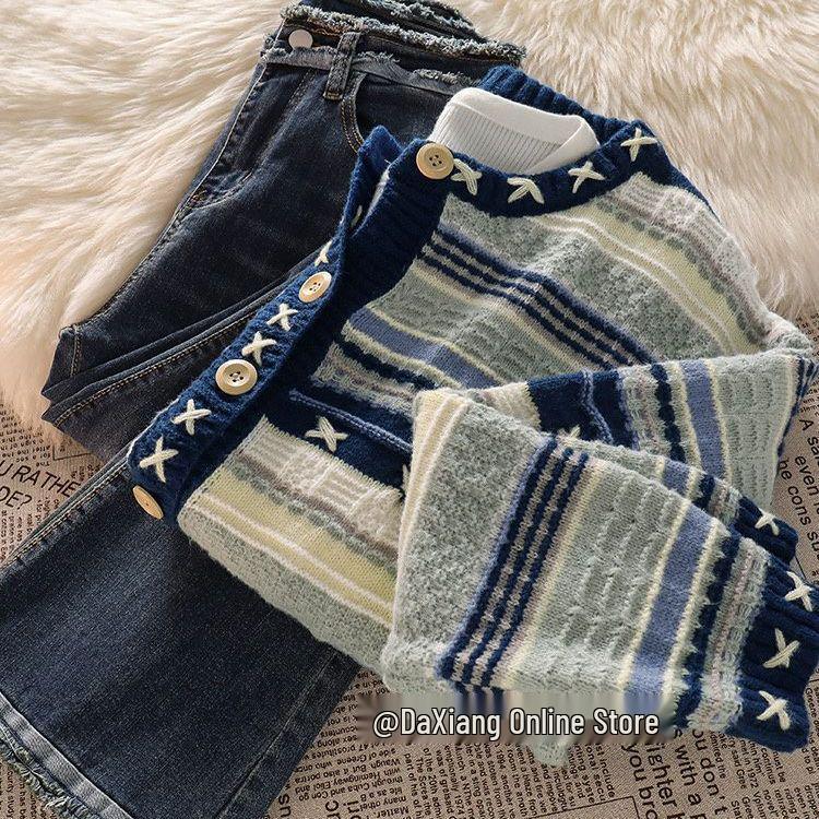 Retro Koreanischer Strick-Cardigan und Schlagjeans Set für Damen