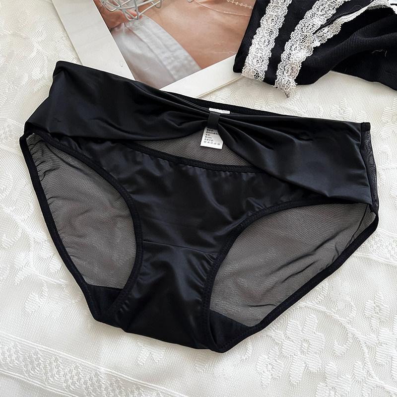 

Ladies Summer Pure To Light Luxury Lace Bow Hollow Satin Mesh Ice Silk Briefs L чорний