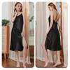 Women's One-line Collar Solid Colour Glossy Satin Cross Strap Nightgown Summer Sexy Backless Mid-length Halter Strap