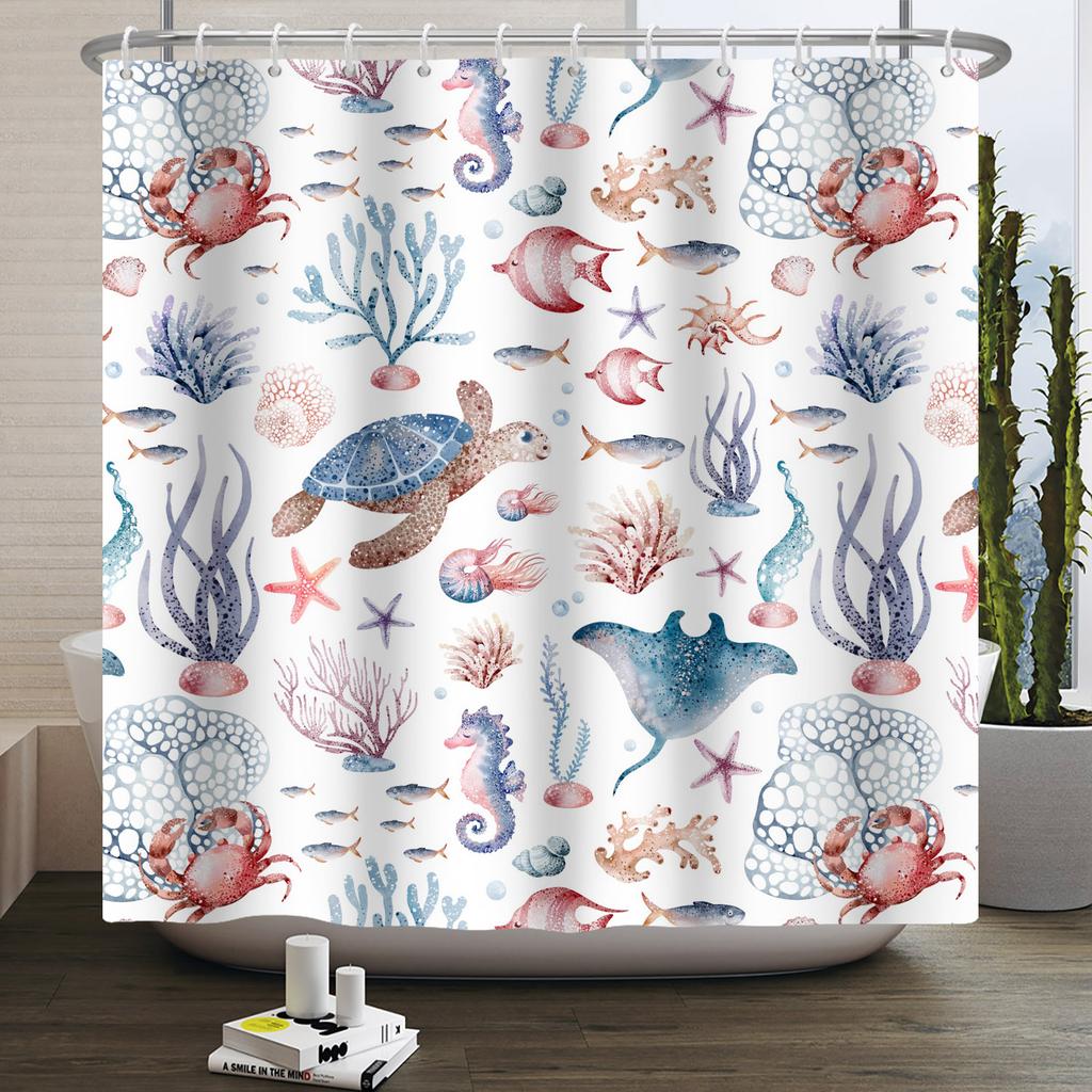 Sea Animals Shower Curtains Cute Dolphin Jellyfish Turtle Starfish Shell Coral Bathroom Bath Curtain Bathtub Privacy Partition