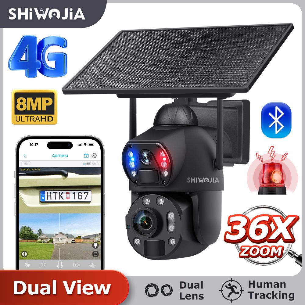 

SHIWOJIA 4K 8MP 36X Zoom 4G Сонячна камера Подвійний об єктив Подвійний екран Автоматичне відстеження людини Виявлення людини Зовнішня сонячна панель 10 Вт WIFI CCTV Only WiFi Camera