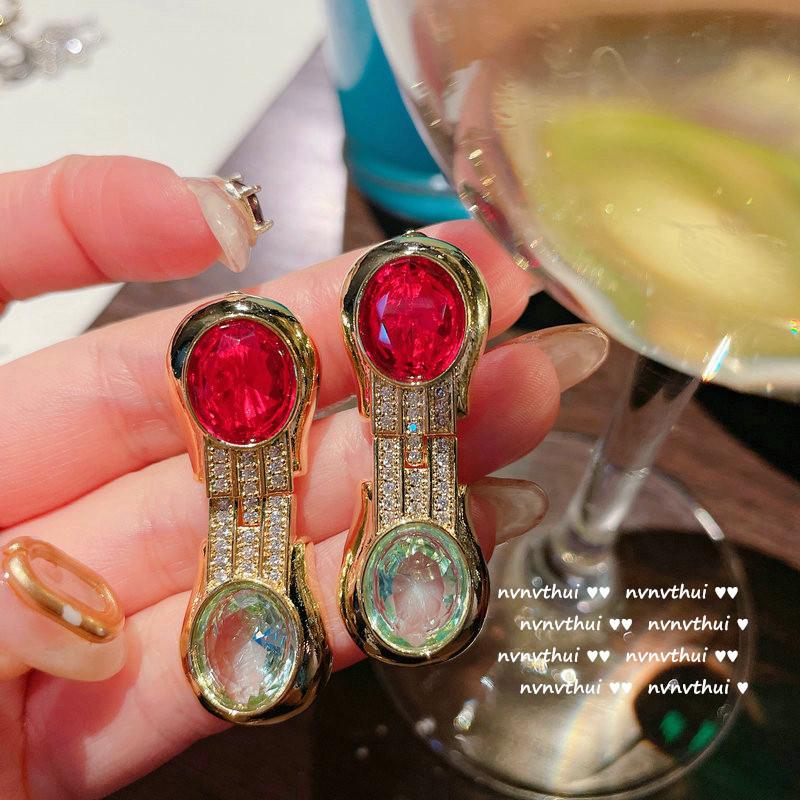 Sotheby'S Peacock Tourmaline Teardrop Jewel Earrings, Antique, 18K Gold Plated, Carmine Strawberry Zircon Earrings