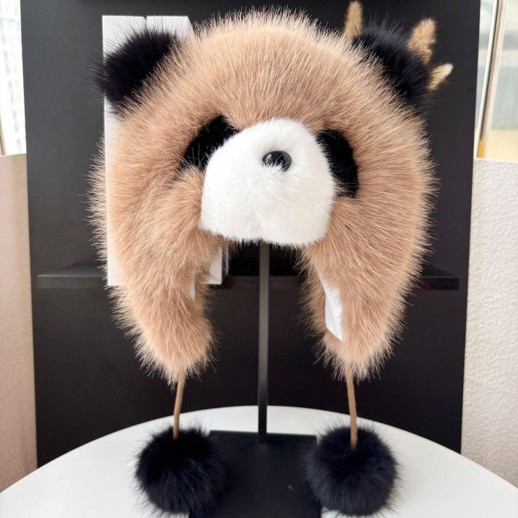 Módní zimní panda klobouk s klapkami na uši z umělé liščí kožešiny pro dospělé a děti