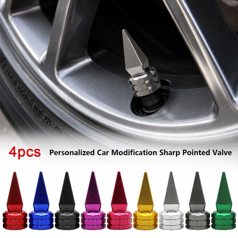 4pcs Universal Car Modification Sharp Pointed Valve Aluminium Alloy Modified Screw On Valve Cap