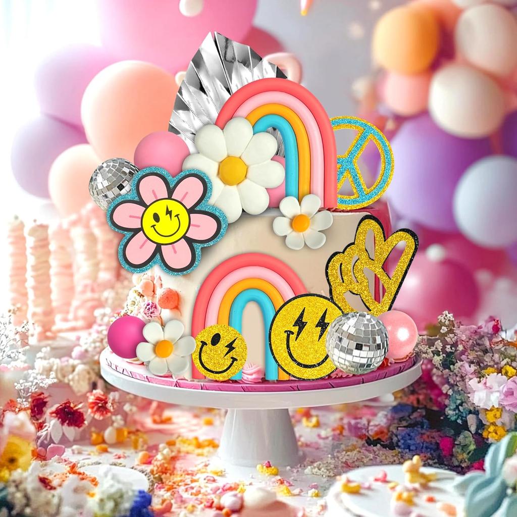 25 PCS Groovy Cake Topper Boho Rainbow Hippie Cake Decoration with Disco Balls and Daisy Flowers for Groovy Theme Birthday Party Supplies