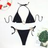 2024 Women's Black Three-Piece Bikini: Halter, Low-Waist, Solid Color, European & American Style