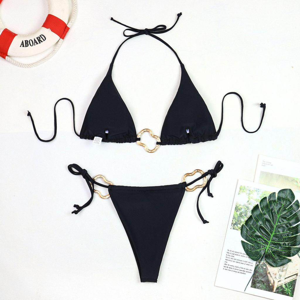 2024 Women's Black Three-Piece Bikini: Halter, Low-Waist, Solid Color, European & American Style