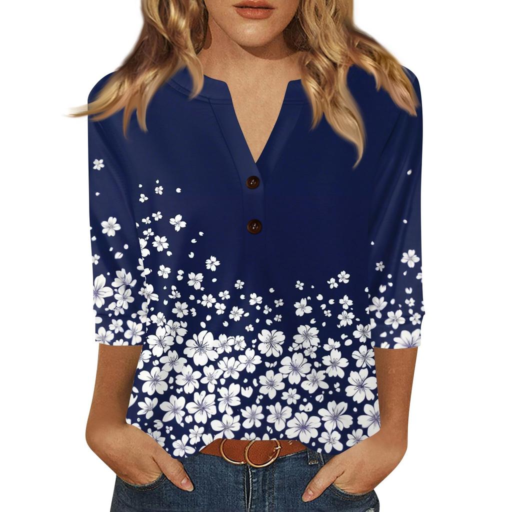 Damen T-Shirt mit Aufdruck, Knopfleiste, 3/4-Ärmel, für den Alltag, Wochenendmode, Basic, V-Ausschnitt, normales Oberteil