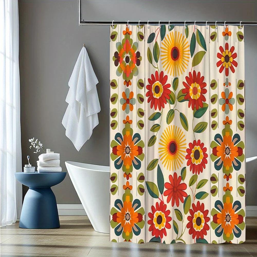 Vibrant Retro Floral Bath Curtain - High-Quality Waterproof and Mildew-Proof Bathroom Decor Featuring Bold Home Style Artistry