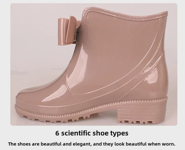 Women's European & American Bow Low Tube Rain Boots - Fashionable Non-Slip PVC for Outdoor Wear.