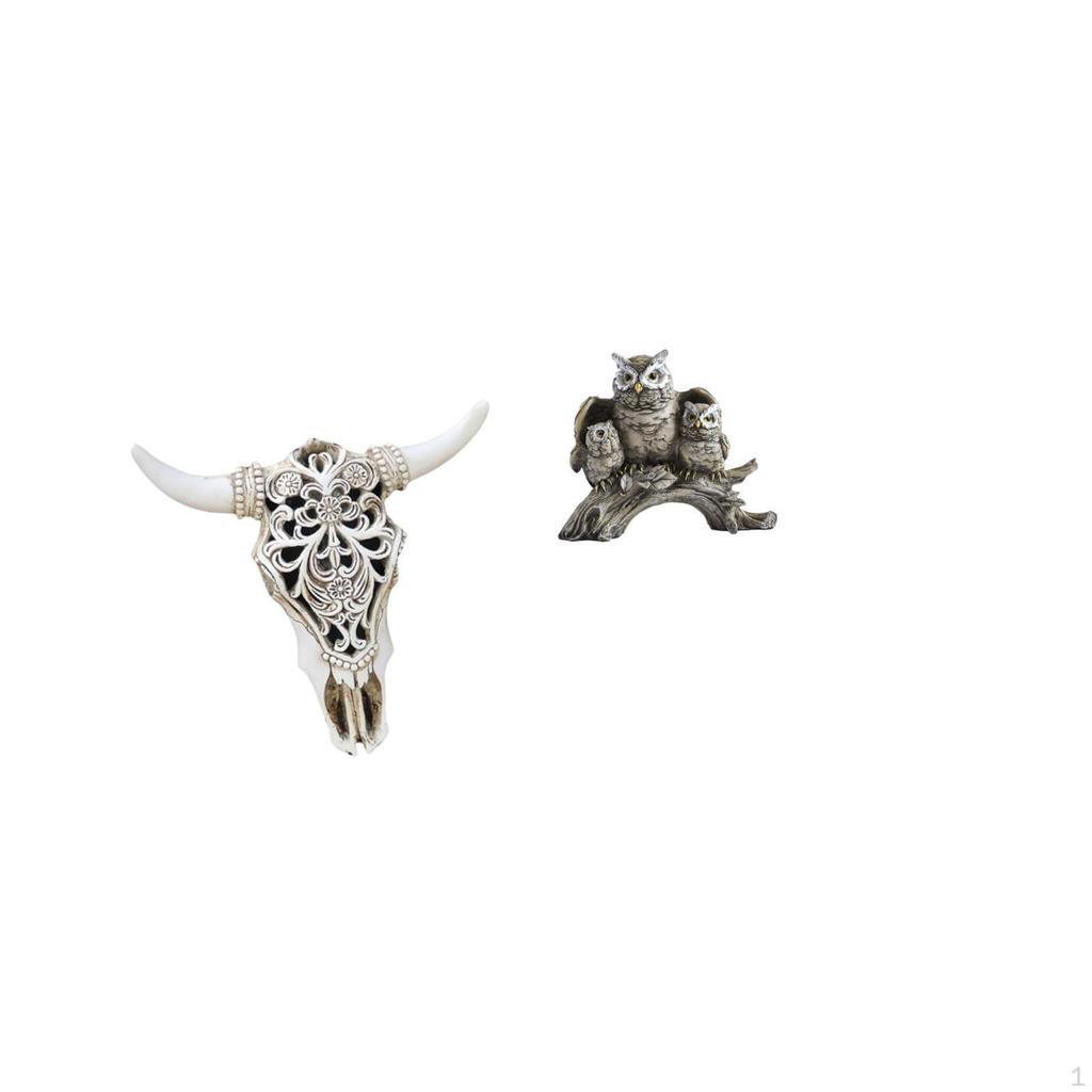 Tribal Bull Head Sculpture And Owl Figurines Wall Hanging Art for Office Farmhouse Bedroom Statue