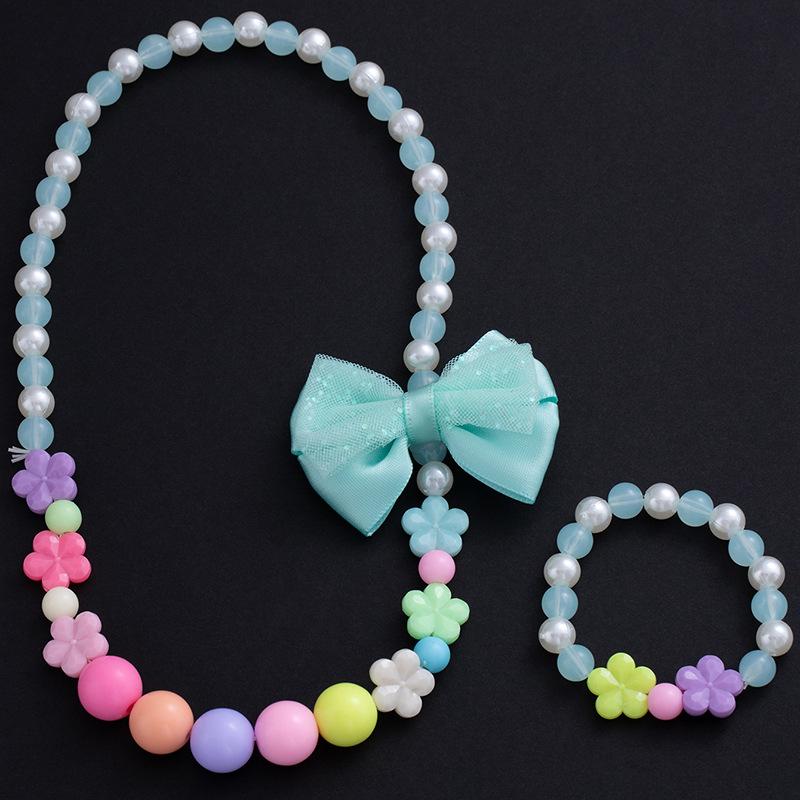 Boys And Girls Baby Princess Candy Color Beaded Necklace Bracelet Set Flower Pearl Bow Dress Accessories
