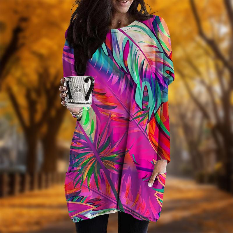 Neu im Herbst Ölgemälde Federn Druck Übergröße Kleid Damen O-Ausschnitt Langarm Lässig Taschenkleider