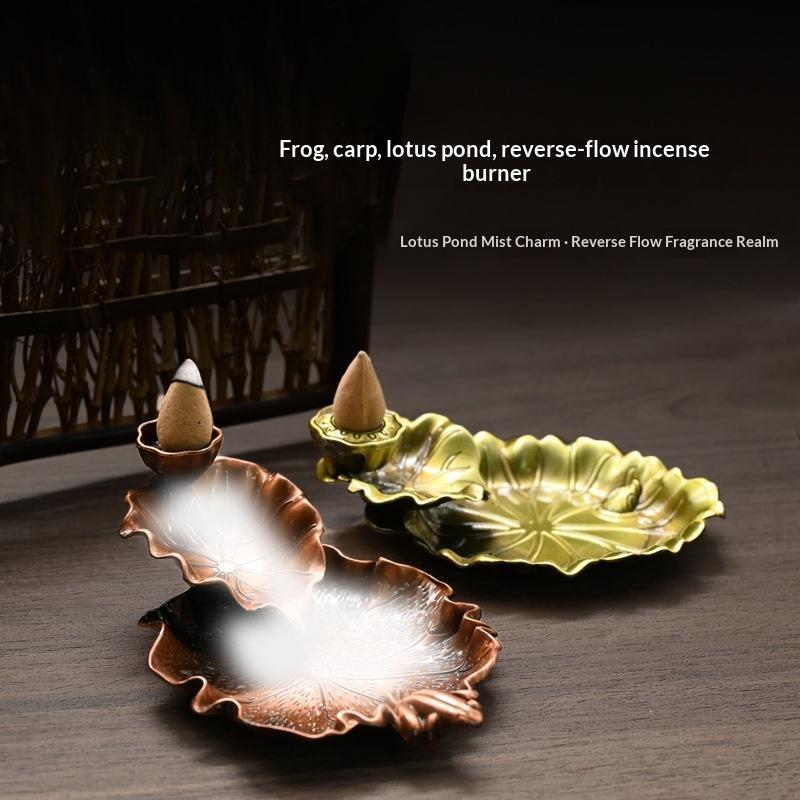 Household Alloy Lotus Pond Frog Backflow Incense Burner Antique Tea Ceremony Sandalwood Metal Incense Sticks Holder Reverse