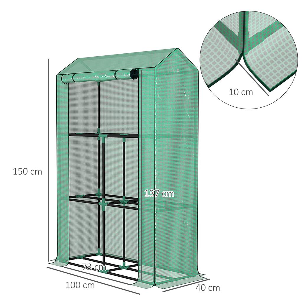 40 x 100cm Three Shelf Steel Frame Greenhouse - Green