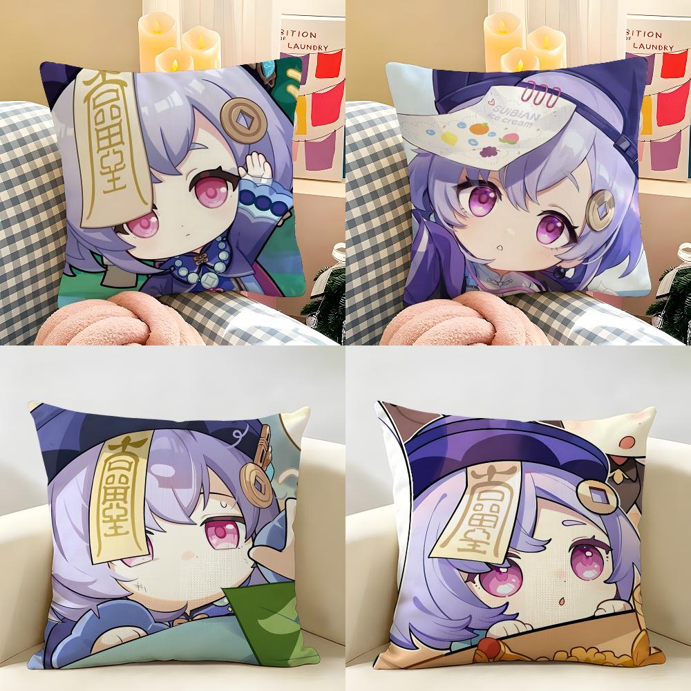 Qiqi Cute Genshin Impact Cushion Cover Natural Linen Organic Fabric DoubleSided Printing Room Sofa Decor Pillow Case