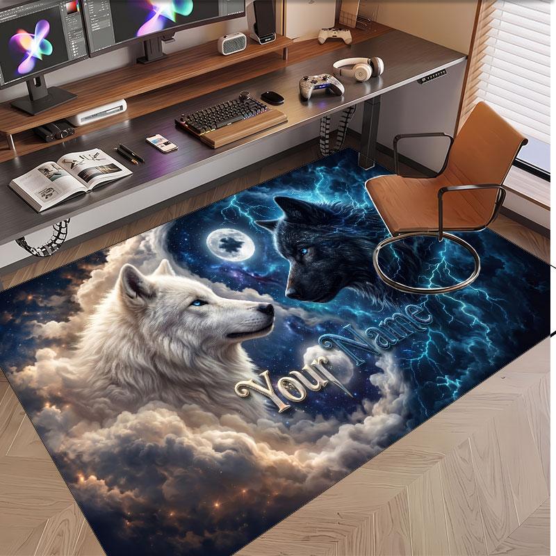 Wolf Theme Soft Crystal Velvet Rug Custom Name & Text Print Non Slip Floor Rug for Bedroom Living Room