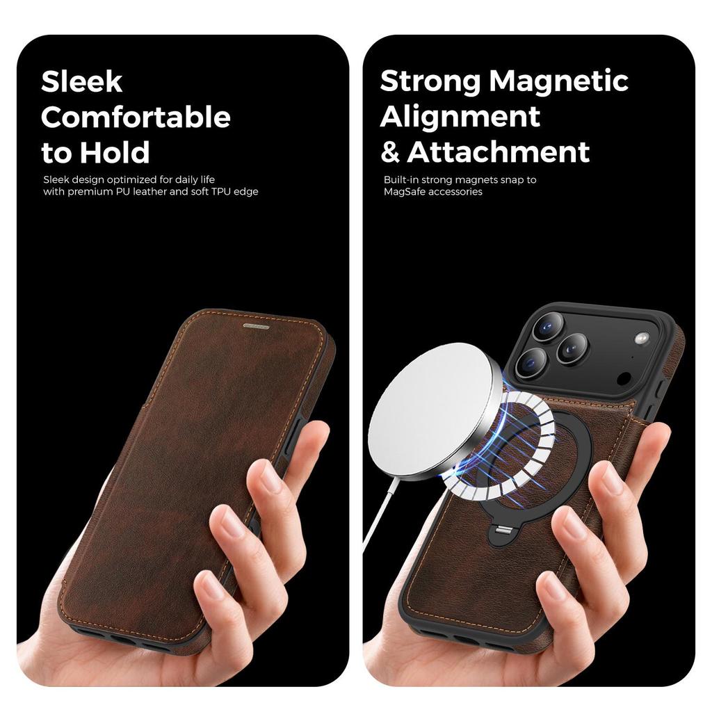 Apple iPhone 17 Pro Max/16/15 Pro Magnetic Flip Leather Case with Stand & Anti-Theft Brush