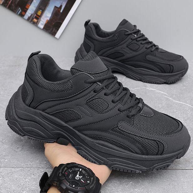 Men's All-Black Summer 2025 Sneakers: Casual Teen Running Shoes with Thick Soles