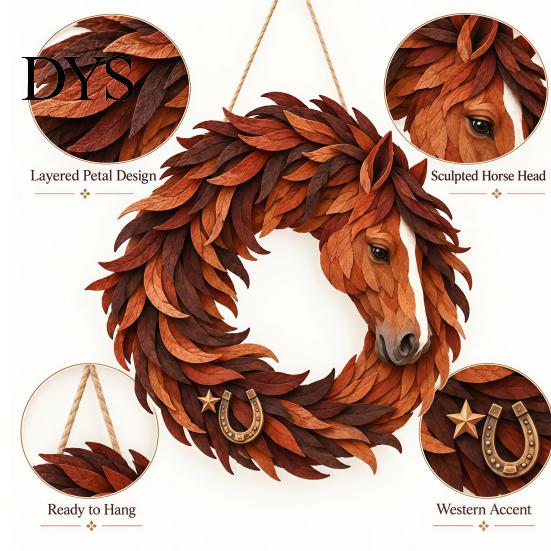 Festive Wall Hanging Decor for Home Rustic Horse Wreath Front Door, Western Farmhouse Head Durable Decorative Bedroom with Horseshoe, Handcrafted