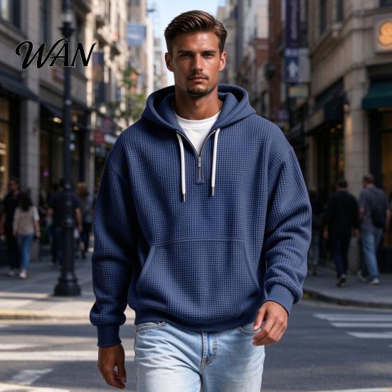 Easy Wear Versatile Outerwear Men Waffle Texture Sweatshirt, Loose Fit Long Sleeve Pullover Tops with Oversized Knit Sweatshirt for Front Pocket,