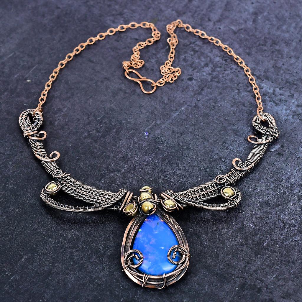 Lapis Lazuli Gemstone Handmade Copper Wire Wrap Jewelry Necklace 18" ET-4960