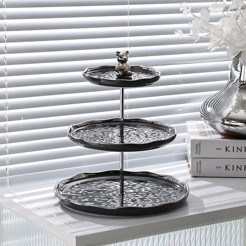 Qianxing Ceramic 3-Tier Dessert Cake Display Stand - Silver Edge Dark Gray (Set of 2)