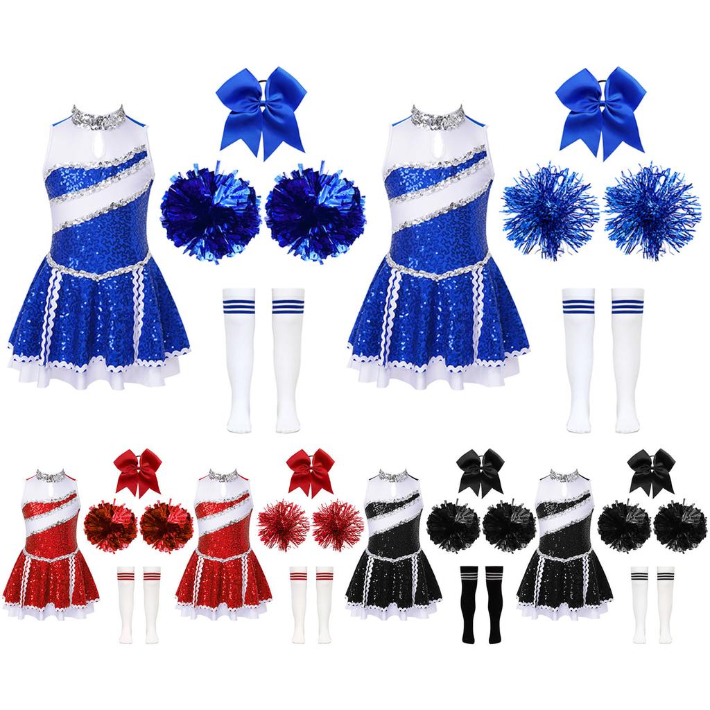 Kids Girls Cheerleading Dance Costume Set: Shiny Sequins Patchwork Dress with Invisible Zipper, Bow Headwear, Hand Flowers & Striped Socks