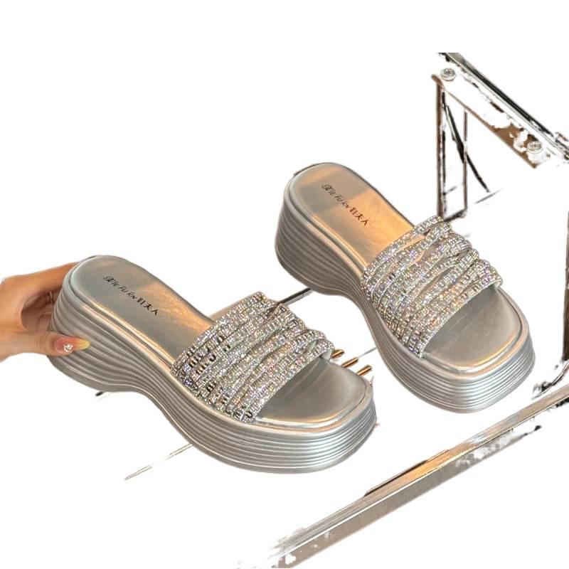 One-word Slippers Slope Heel Rhinestone Thick-soled One-word Slippers 2025 Summer New Outer Wear with Skirt Open-toed Cool Slippers