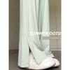 Green Split Sun-Proof Trousers Women Summer Thin Plus Size Chubby Girl Drape Casual Straight Cool Ice Silk Wide-Leg Pants