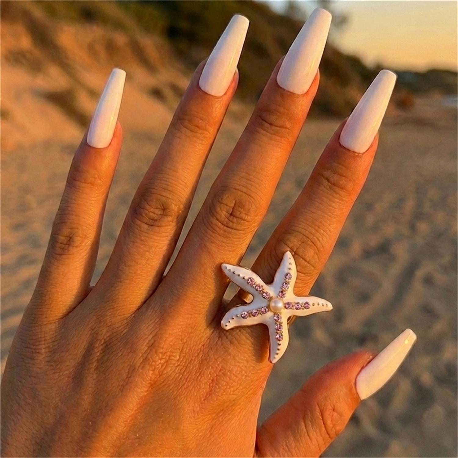 Charm Pink Rhinestone Starfish Ring for Exaggerated Blue Enamel Wrinkled Starfish Adjustable Ring Girl Summer Beach Jewelry