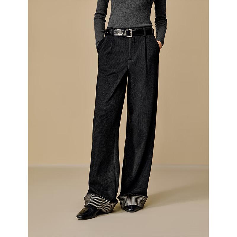 INMAN Women's Striped Cuff Velvet Warm Wide-Leg Pants