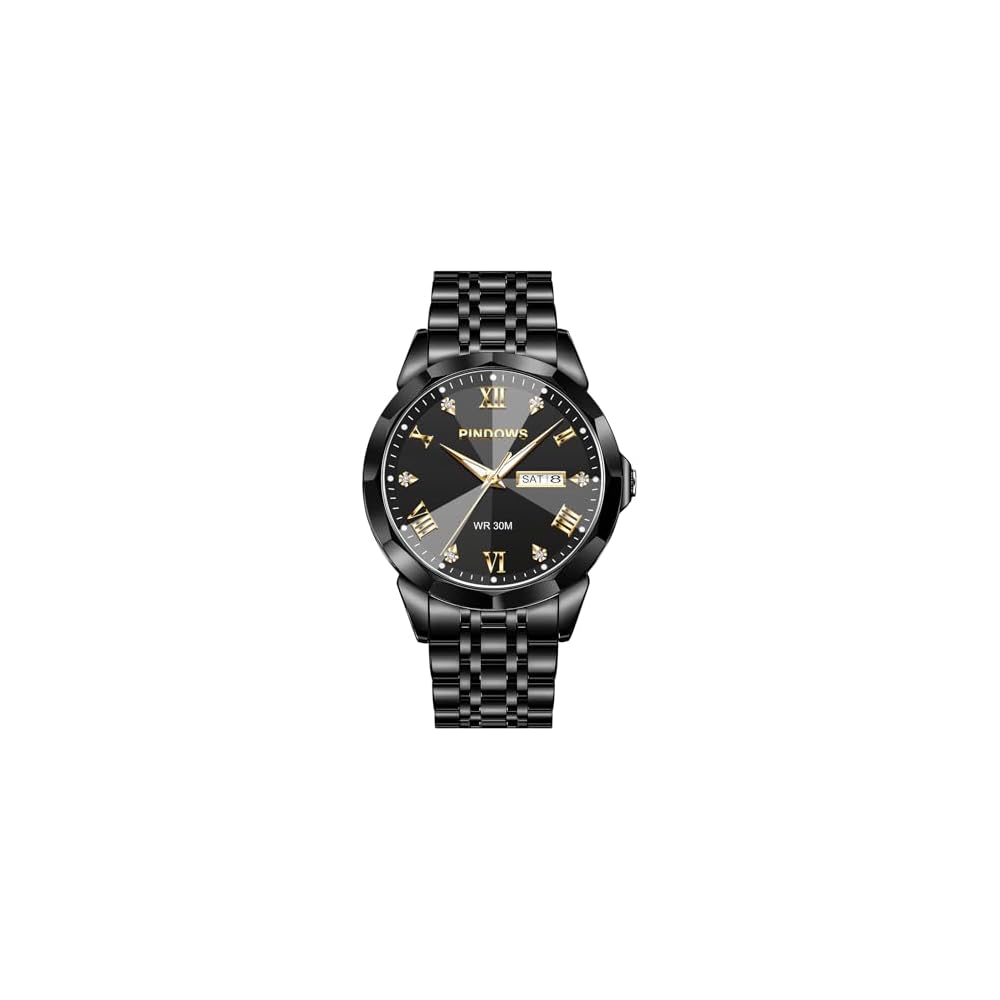PINDOWS Men s Analog Quartz Watch with Diamond, Waterproof, Luminous Date, Stainless Steel Band