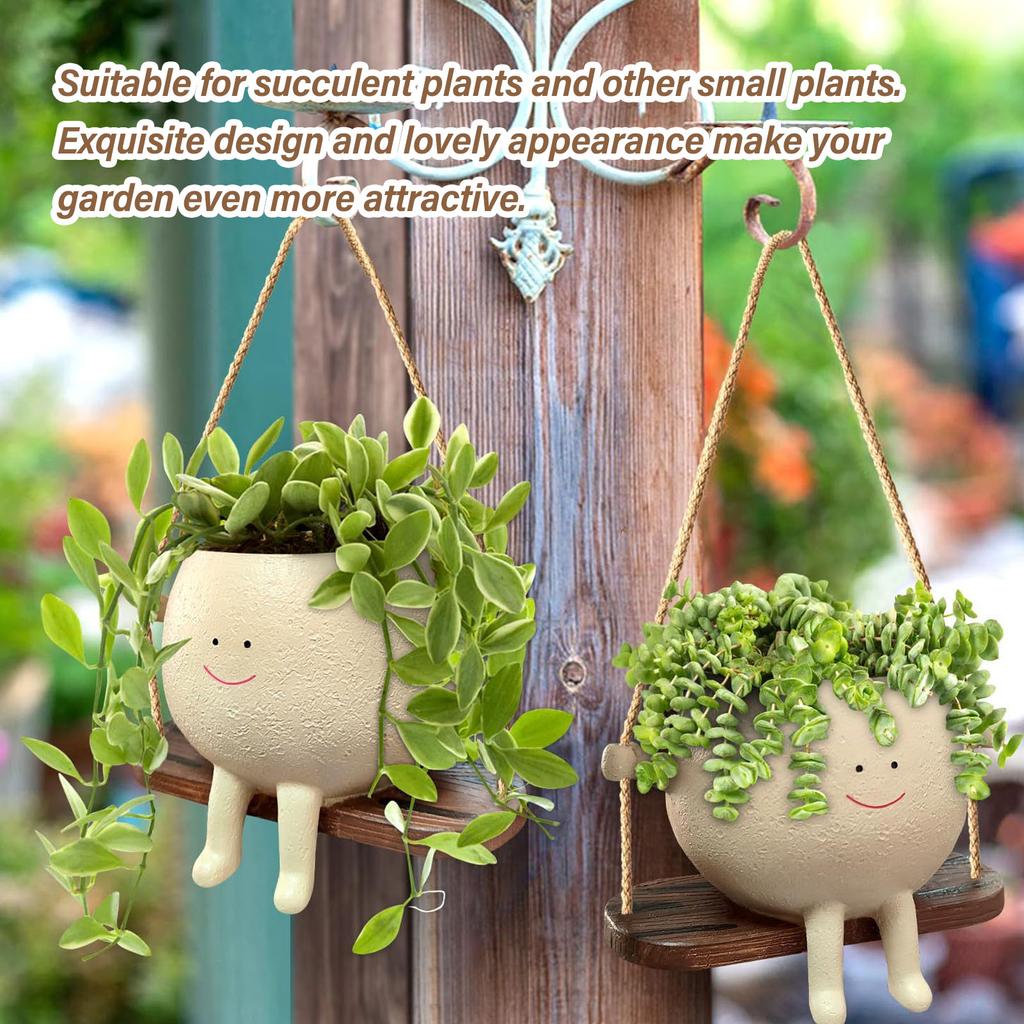 Hanging Head Planter Swing Face Planter Pot Exquisite Lovely Unique Resin Hanging Planter with Rope for Plants